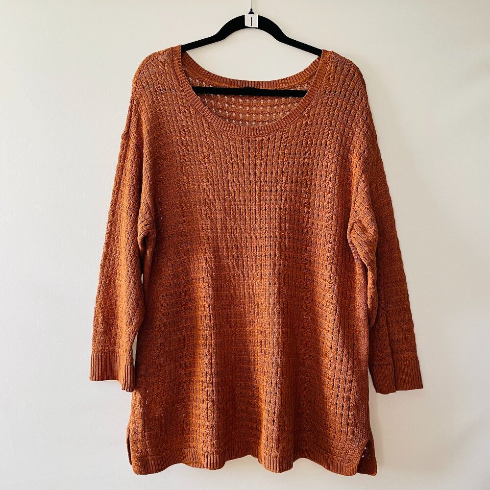 Talbots Womens Carmel Brown 3/4 Sleeve Open Knit Pullover Sweater Size X-Large